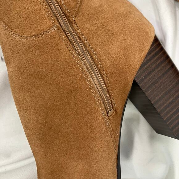 Sam Edelman Tan Suede OTK Boots 7 Leather Heel Wrap Strap Tall Zip Buckle - Picture 14 of 16
